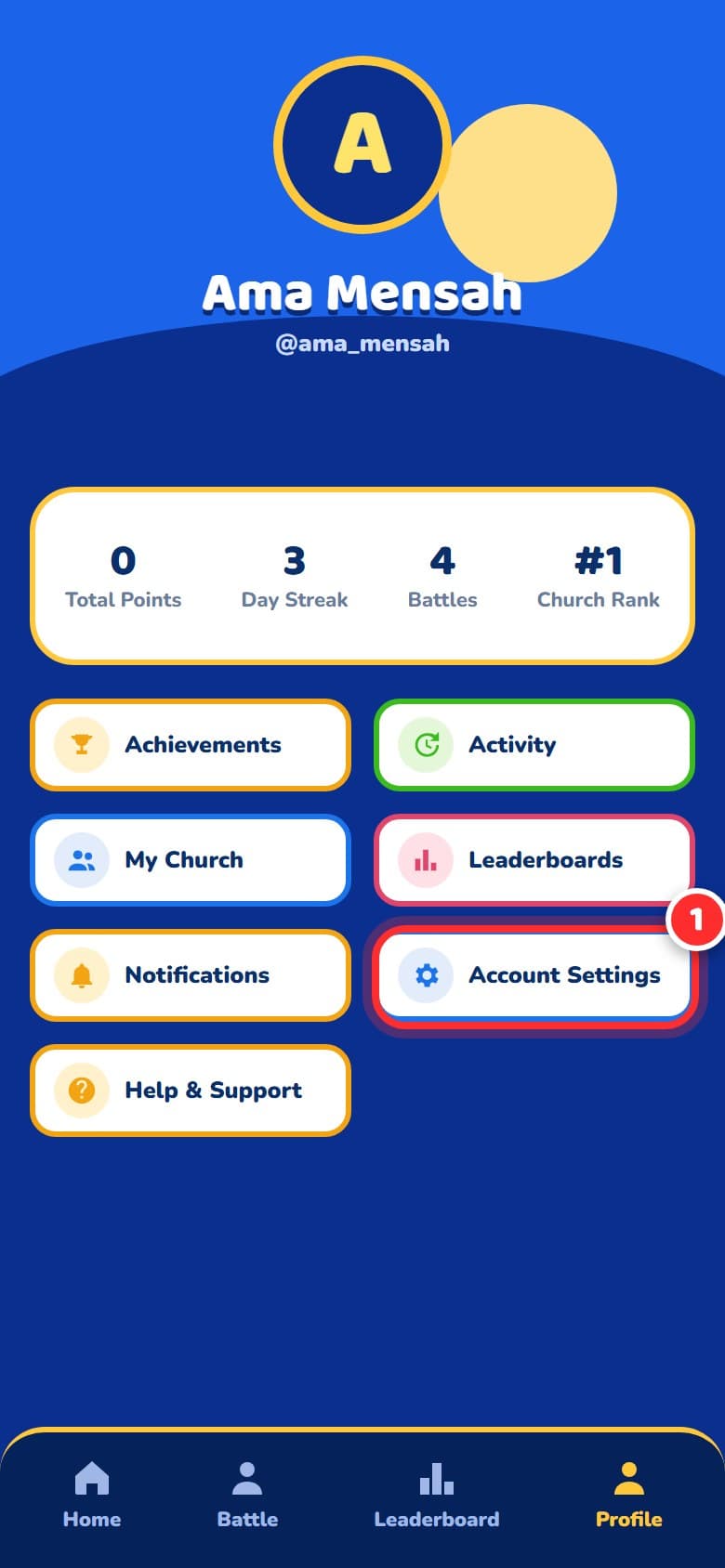 The Profile tab in the Bible Battle app with the Account Settings card highlighted