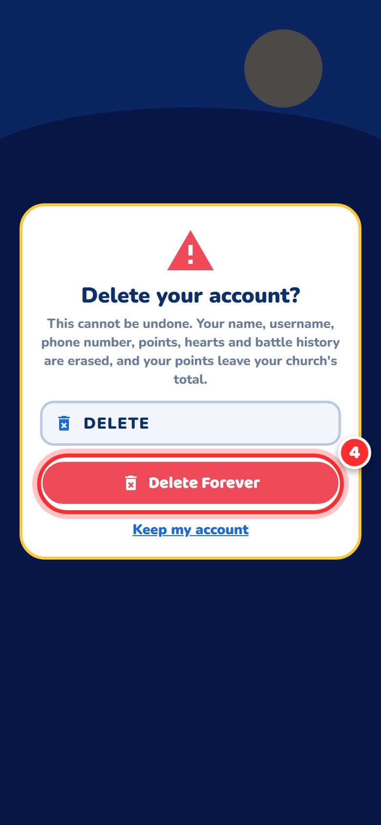 The Delete your account confirmation with the Delete Forever button highlighted