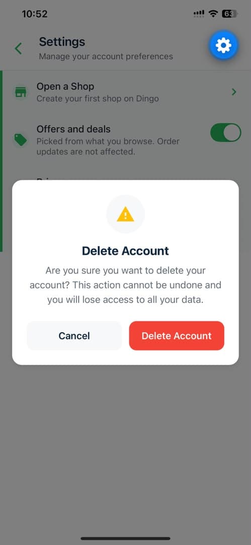 The Delete Account confirmation dialog with Cancel and Delete Account buttons
