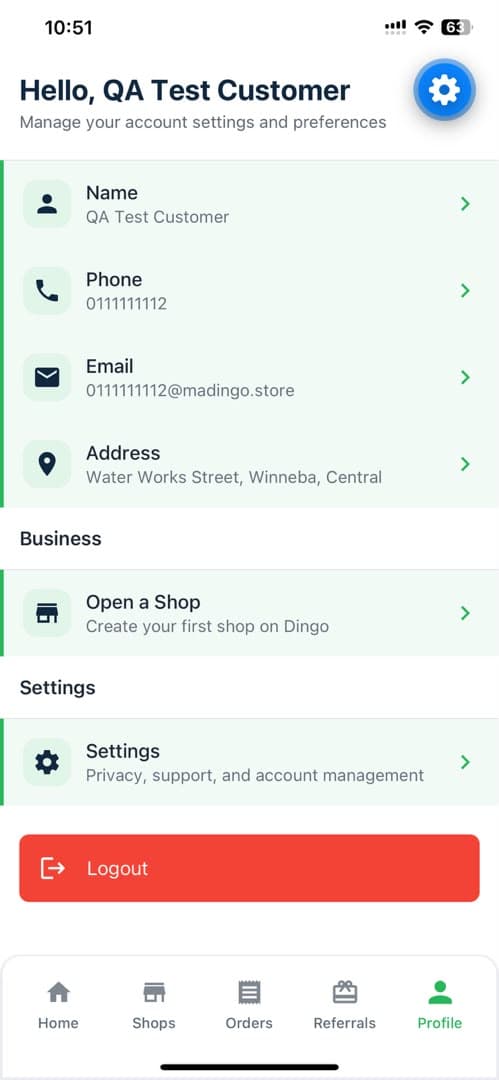 The Profile tab in the Dingo app, with the Settings row highlighted