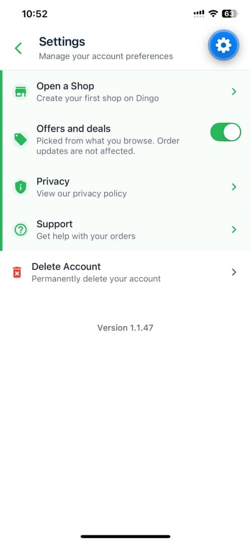 The Settings screen in the Dingo app, listing Delete Account as the last row