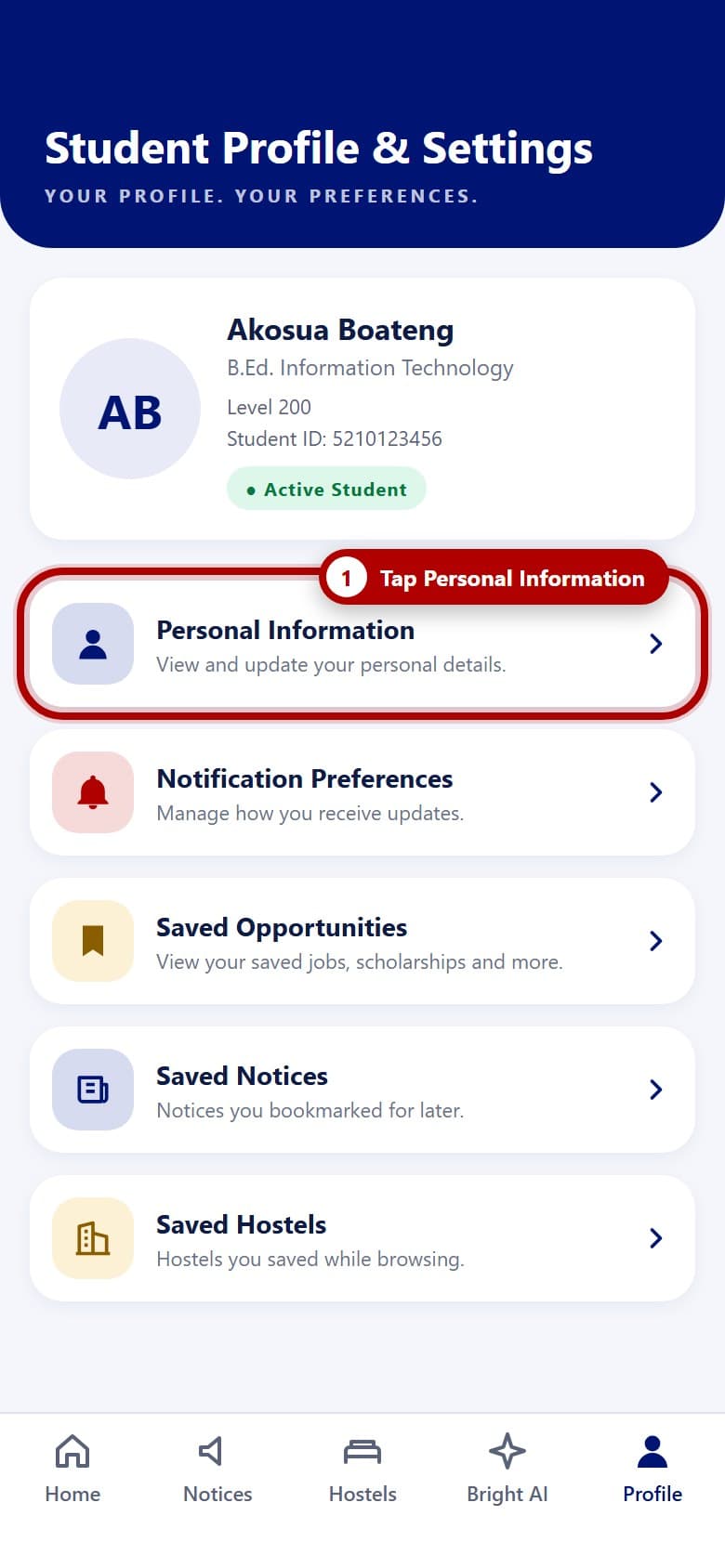 The Profile tab in the UEW SRC app with the Personal Information card highlighted